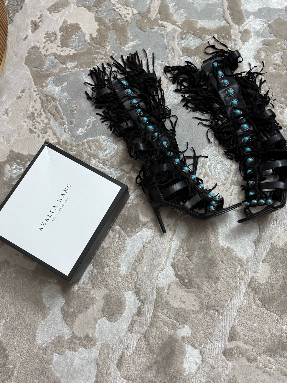 Azaleia Wang Black Lace-Up Fringe Boots with Turquoise Studs